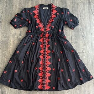 Elegant Black Midi Dress with Red Embroidery
